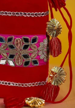 Embroidered Art Silk Potli Bag in Red