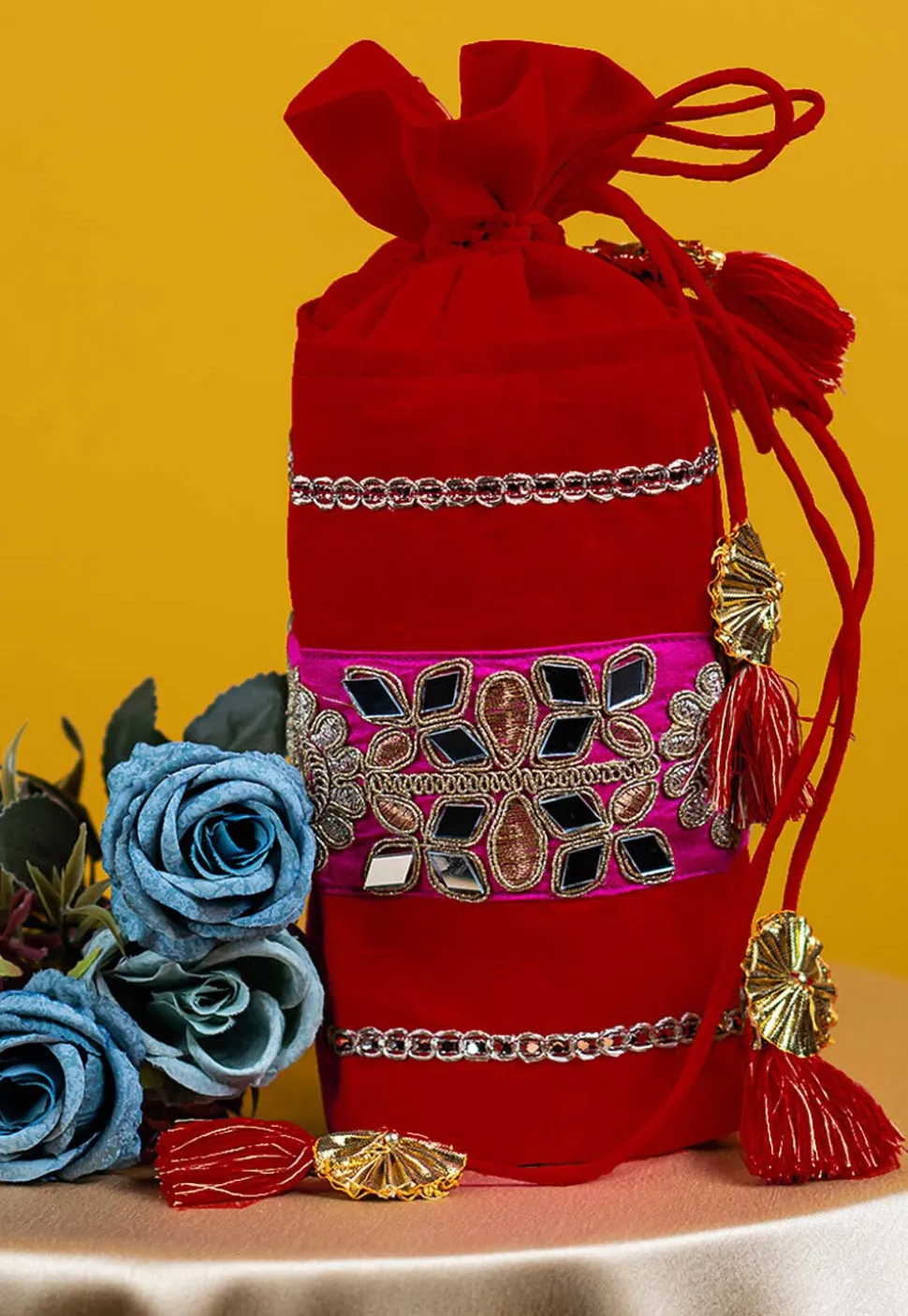 Embroidered Art Silk Potli Bag in Red