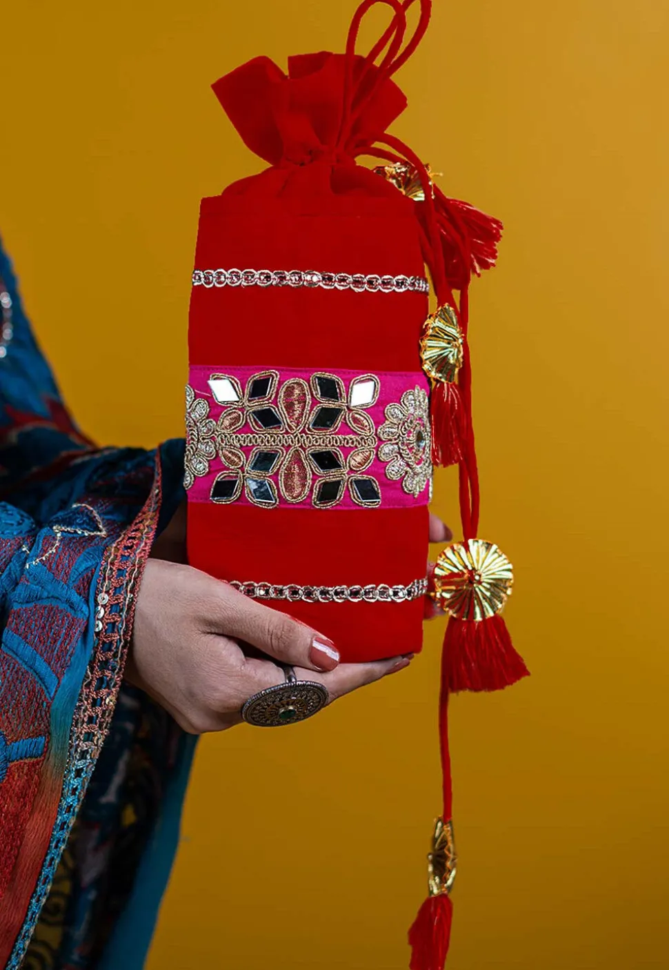 Embroidered Art Silk Potli Bag in Red