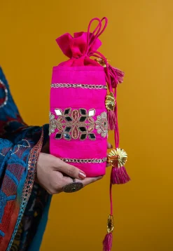 Embroidered Art Silk Potli Bag in Fuchsia