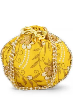 Embroidered Art Silk Potli Bag in Yellow