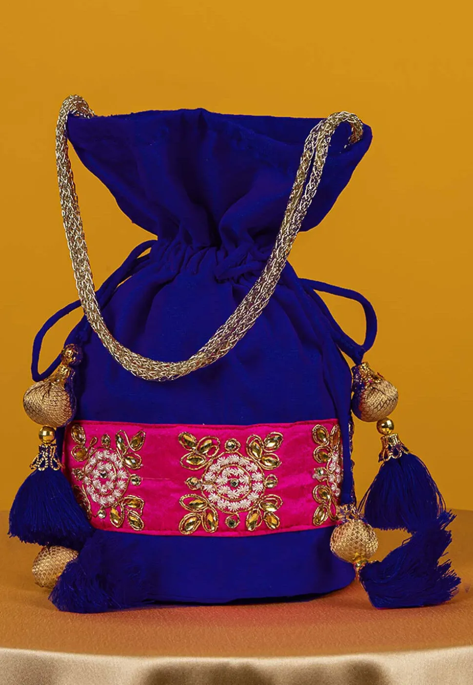 Embroidered Art Silk Potli Bag in Royal Blue