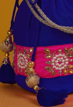 Embroidered Art Silk Potli Bag in Royal Blue