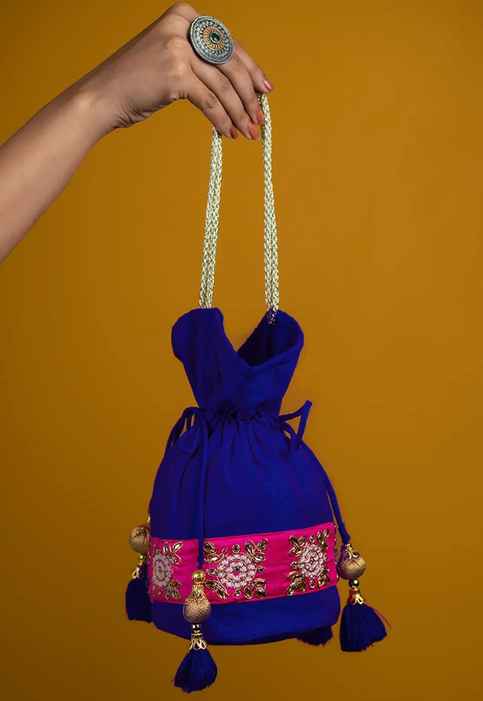 Embroidered Art Silk Potli Bag in Royal Blue