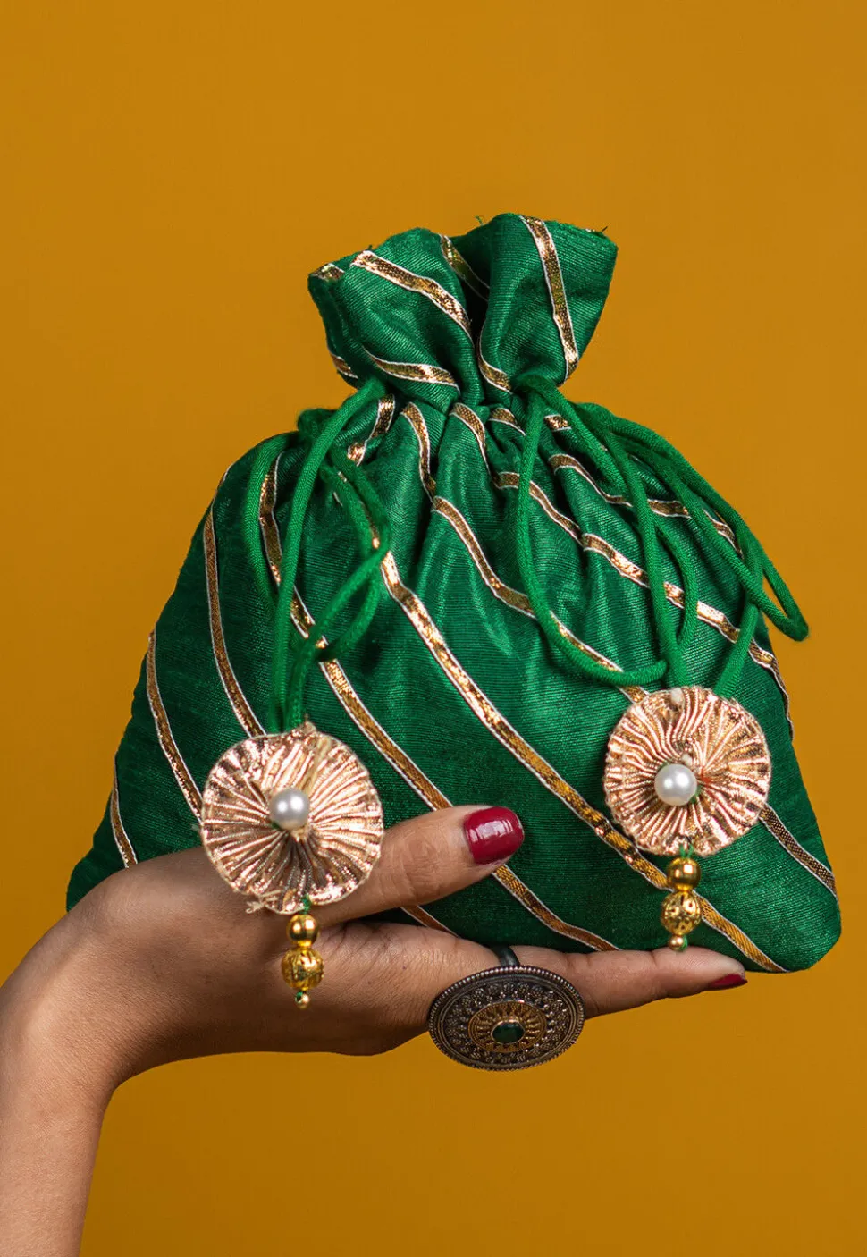 Embroidered Art Silk Potli Bag in Dark Green