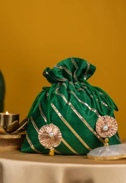 Embroidered Art Silk Potli Bag in Dark Green