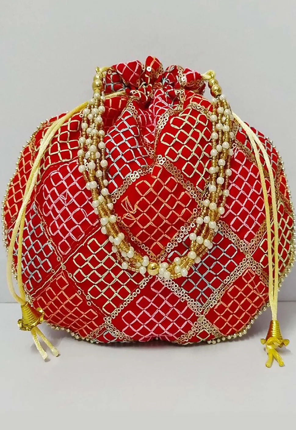 Embroidered Art Silk Potli Bag in Red