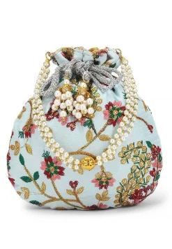 Embroidered Art Silk Potli Bag in Sky Blue