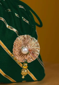 Embroidered Art Silk Potli Bag in Dark Green