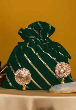 Embroidered Art Silk Potli Bag in Dark Green