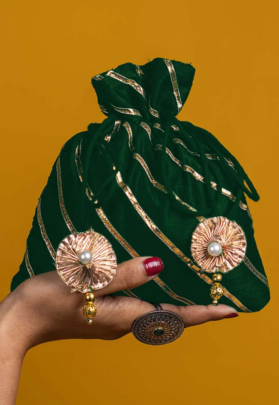 Embroidered Art Silk Potli Bag in Dark Green