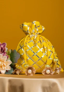 Embroidered Art Silk Potli Bag in Yellow