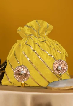 Embroidered Art Silk Potli Bag in Yellow