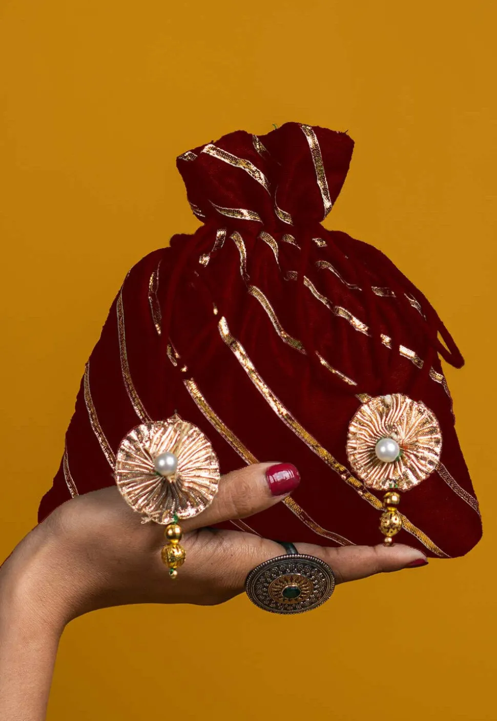 Embroidered Art Silk Potli Bag in Maroon