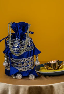 Embroidered Art Silk Potli Bag in Royal Blue