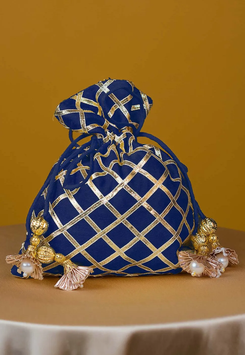 Embroidered Art Silk Potli Bag in Blue