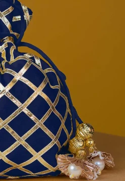 Embroidered Art Silk Potli Bag in Blue