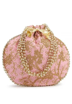 Embroidered Art Silk Potli Bag in Pink