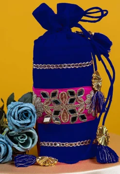 Embroidered Art Silk Potli Bag in Royal Blue