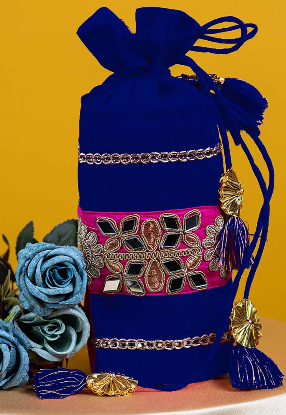 Embroidered Art Silk Potli Bag in Royal Blue