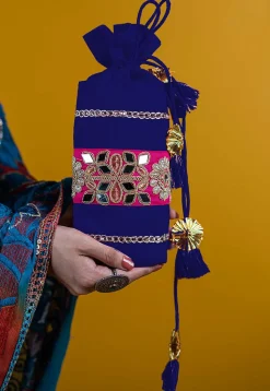 Embroidered Art Silk Potli Bag in Royal Blue