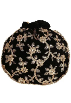 Embroidered Art Silk Potli Bag in Black