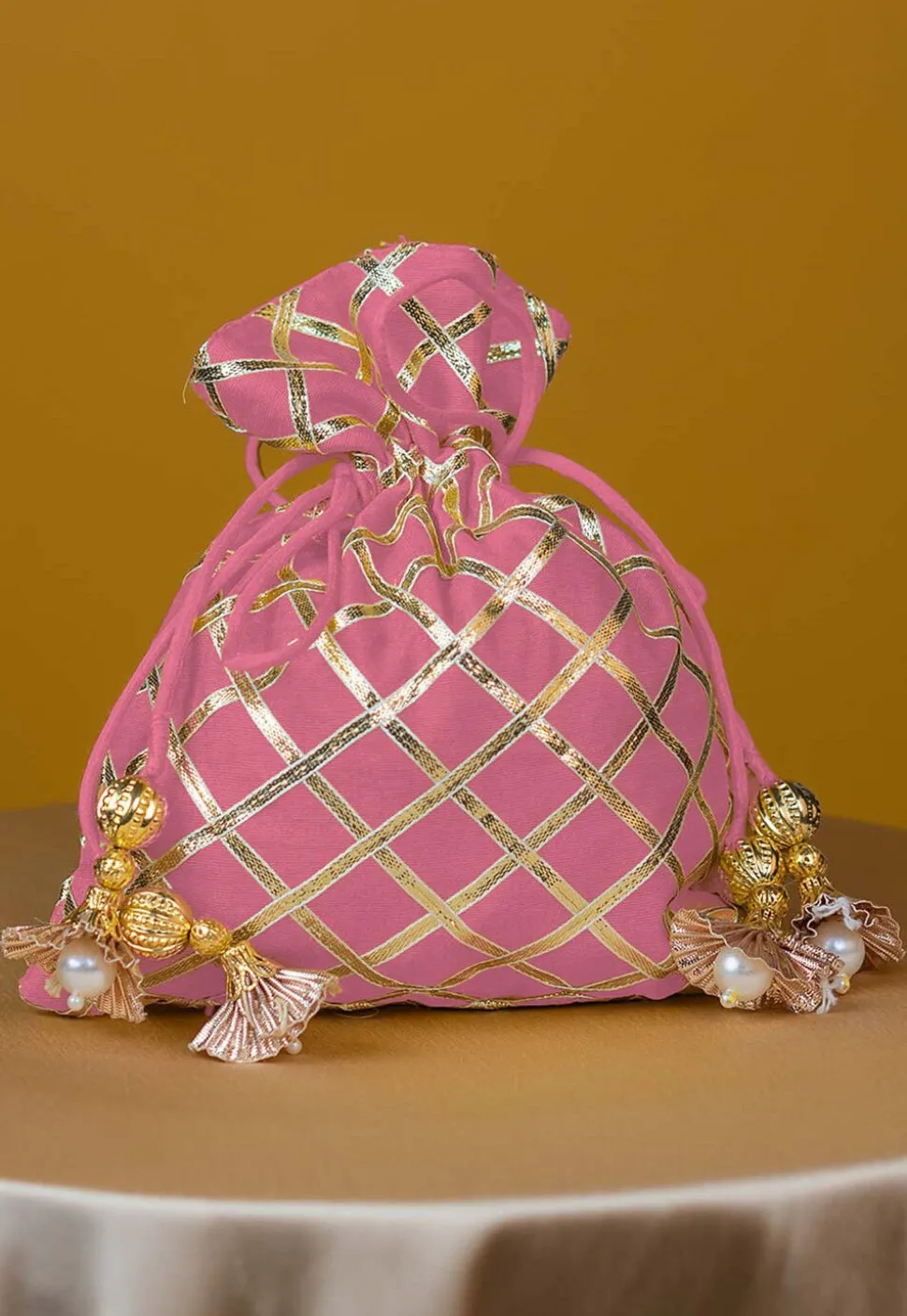 Embroidered Art Silk Potli Bag in Light Pink