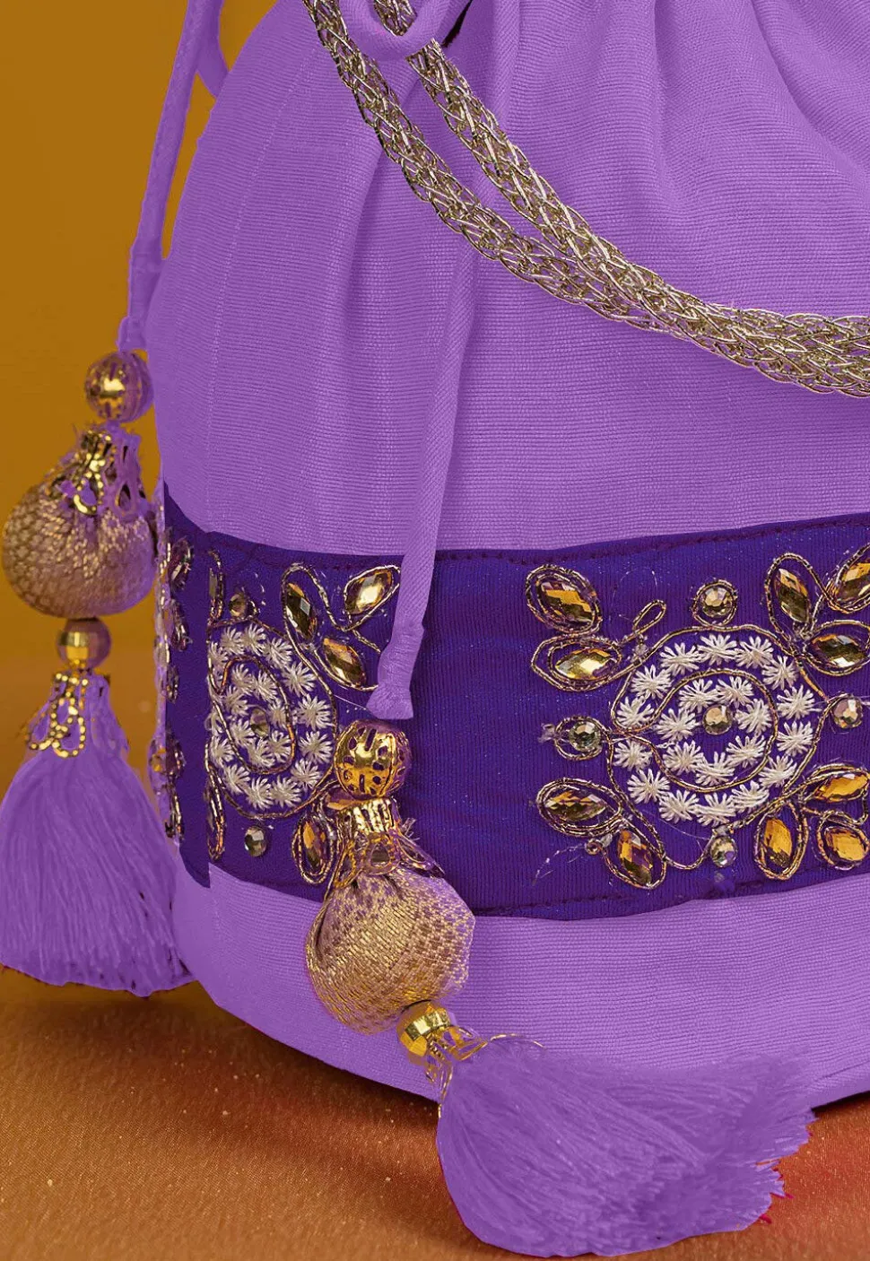 Embroidered Art Silk Potli Bag in Light Purple