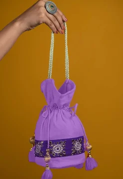 Embroidered Art Silk Potli Bag in Light Purple