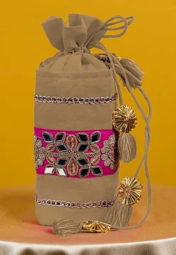 Embroidered Art Silk Potli Bag in Beige