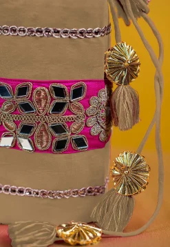 Embroidered Art Silk Potli Bag in Beige