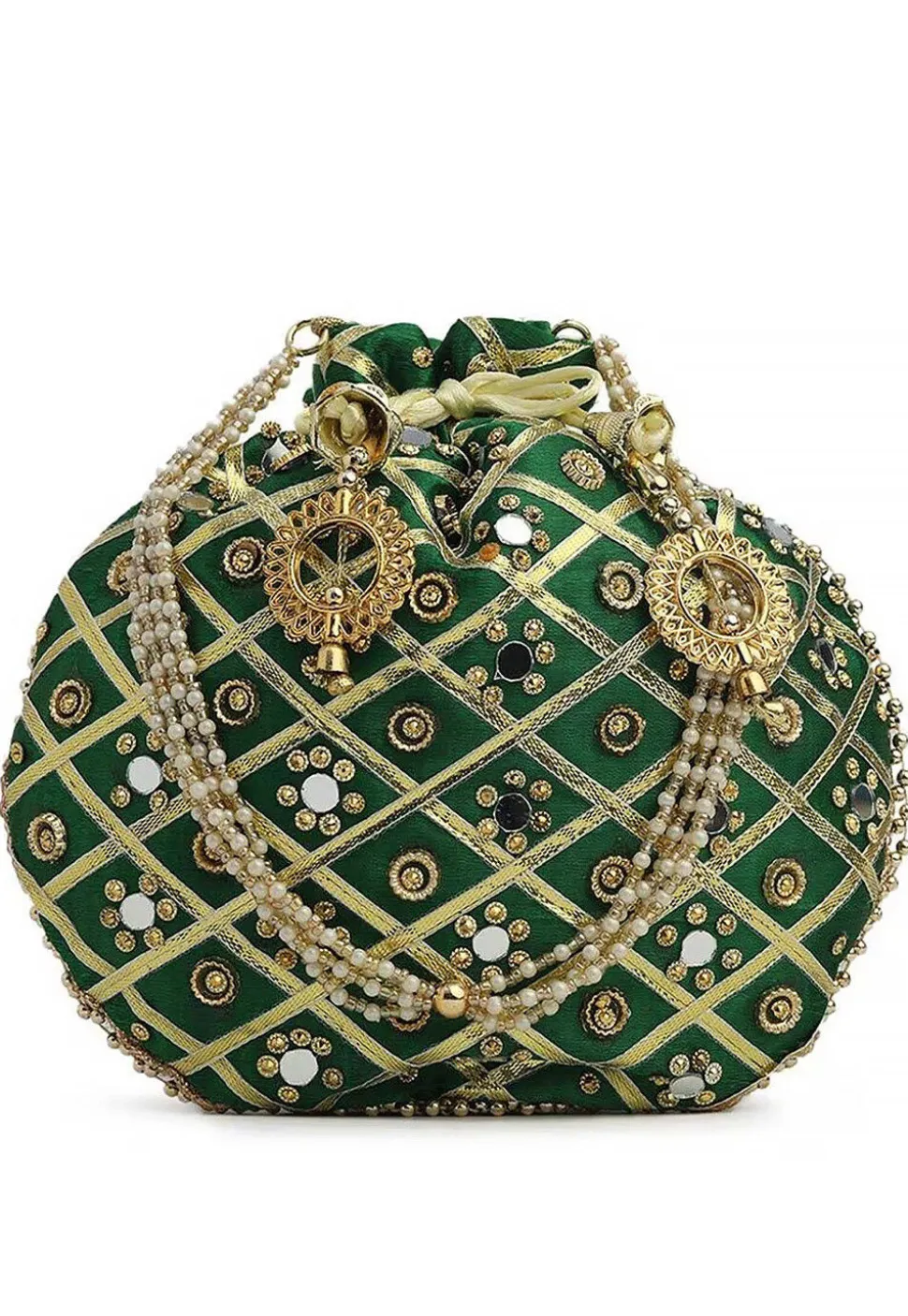 Embroidered Art Silk Potli Bag in Dark Green