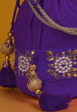 Embroidered Art Silk Potli Bag in Purple