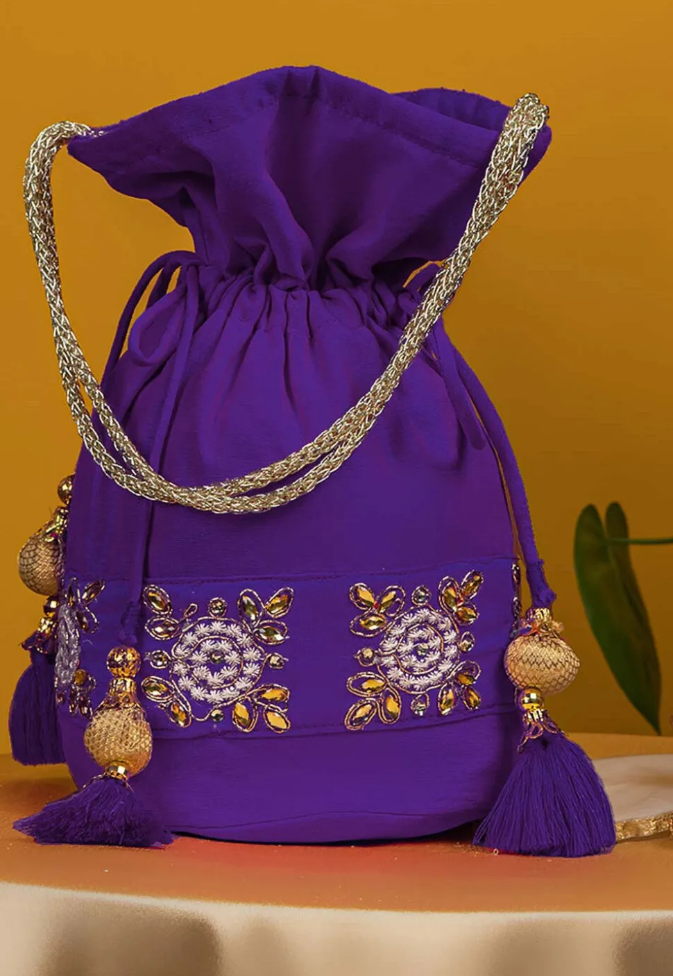 Embroidered Art Silk Potli Bag in Purple