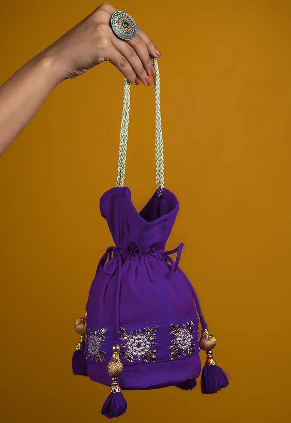 Embroidered Art Silk Potli Bag in Purple
