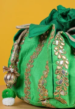 Embroidered Art Silk Potli Bag in Green