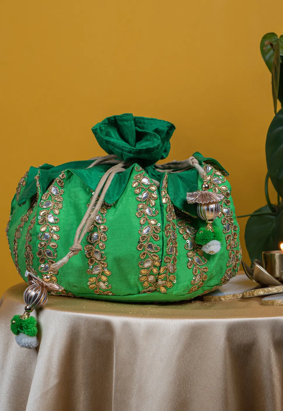 Embroidered Art Silk Potli Bag in Green