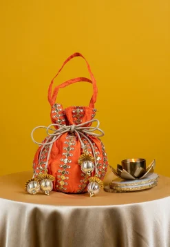 Embroidered Art Silk Potli Bag in Orange