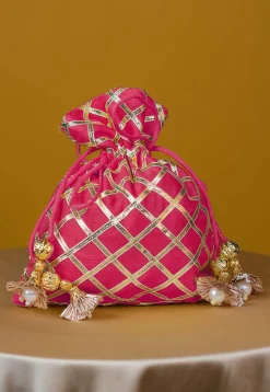 Embroidered Art Silk Potli Bag in Fuchsia