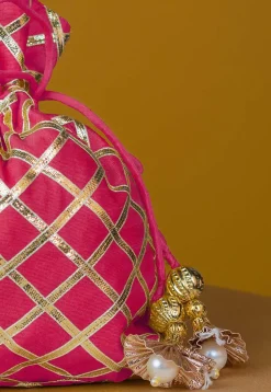 Embroidered Art Silk Potli Bag in Fuchsia