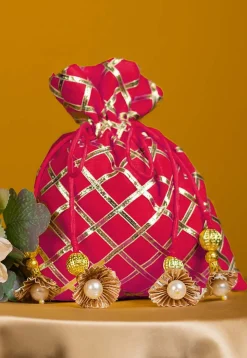 Embroidered Art Silk Potli Bag in Fuchsia