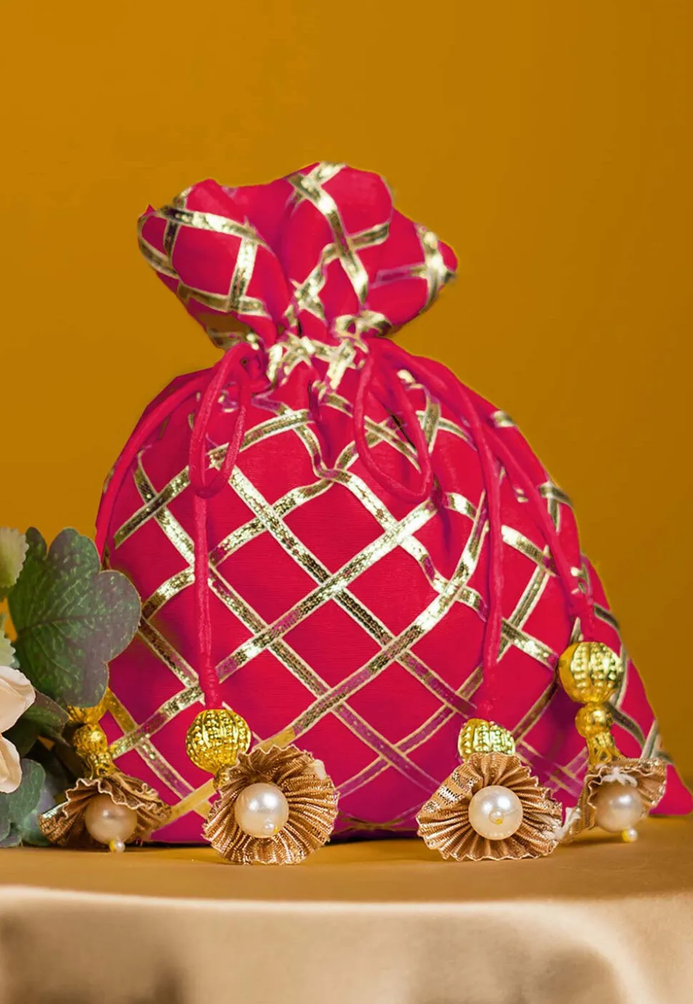 Embroidered Art Silk Potli Bag in Fuchsia
