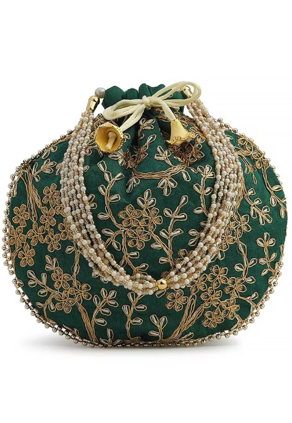 Embroidered Art Silk Potli Bag in Dark Green