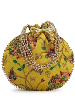 Embroidered Art Silk Potli Bag in Mustard