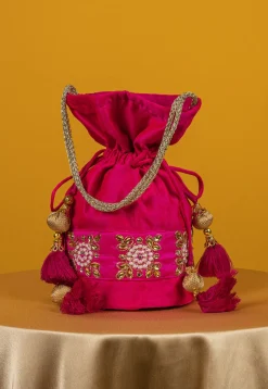 Embroidered Art Silk Potli Bag in Fuchsia