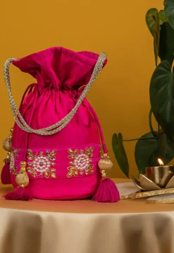 Embroidered Art Silk Potli Bag in Fuchsia