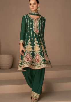 Embroidered Art Silk Punjabi Suit in Green