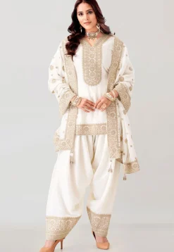 Embroidered Art Silk Punjabi Suit in Off White