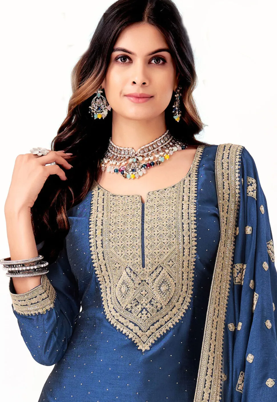 Embroidered Art Silk Punjabi Suit in Teal Blue