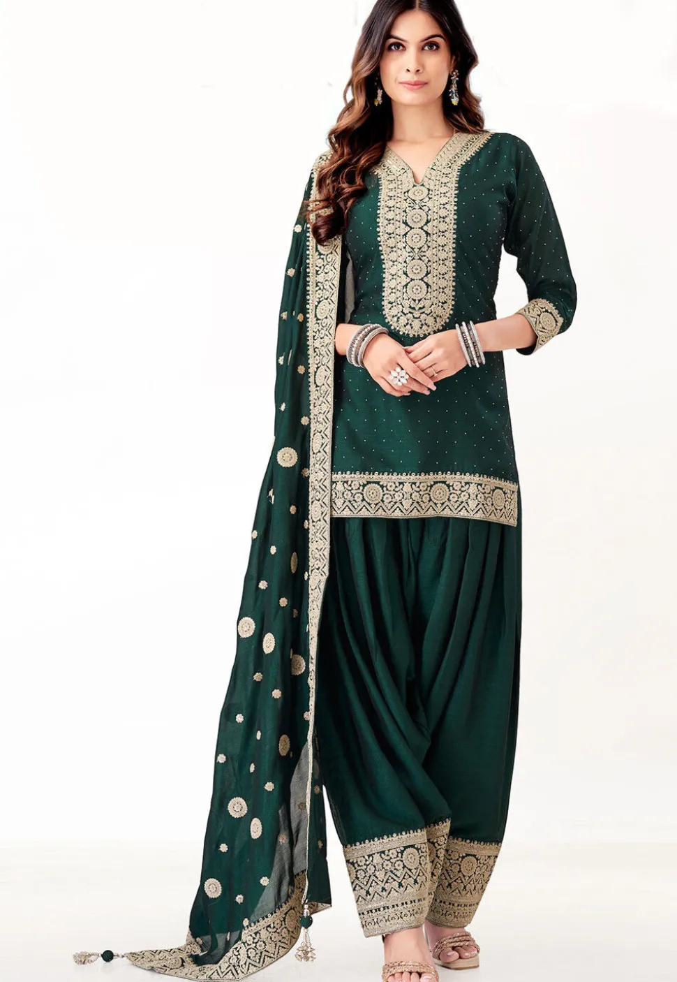 Embroidered Art Silk Punjabi Suit in Dark Green